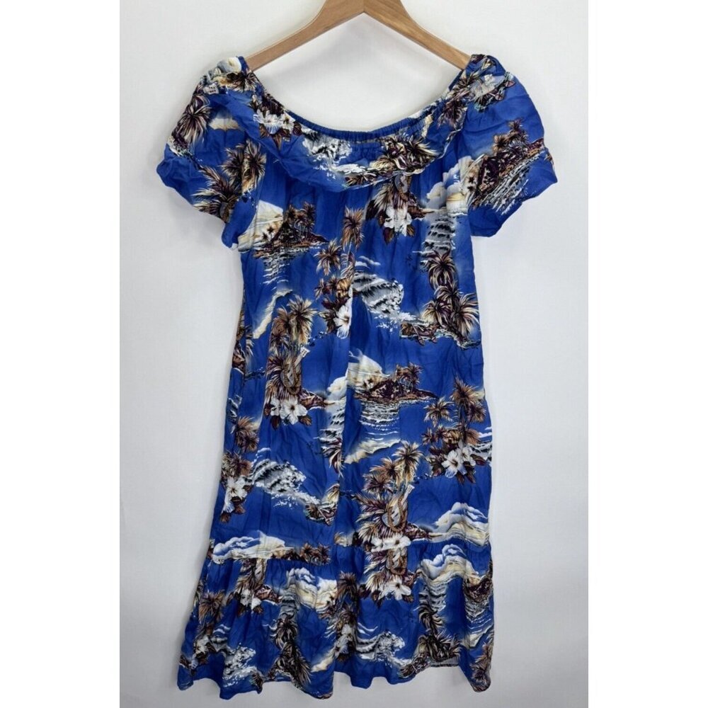 Hilo Hattie Women's Hawaiian Blue Off Shoulder Rayon Dress Size Medium